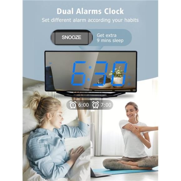 Alarm Clock Bedroom,8.7"Big Display Digital LED Mirror Clock with 2 Alarms - Picture 5 of 6
